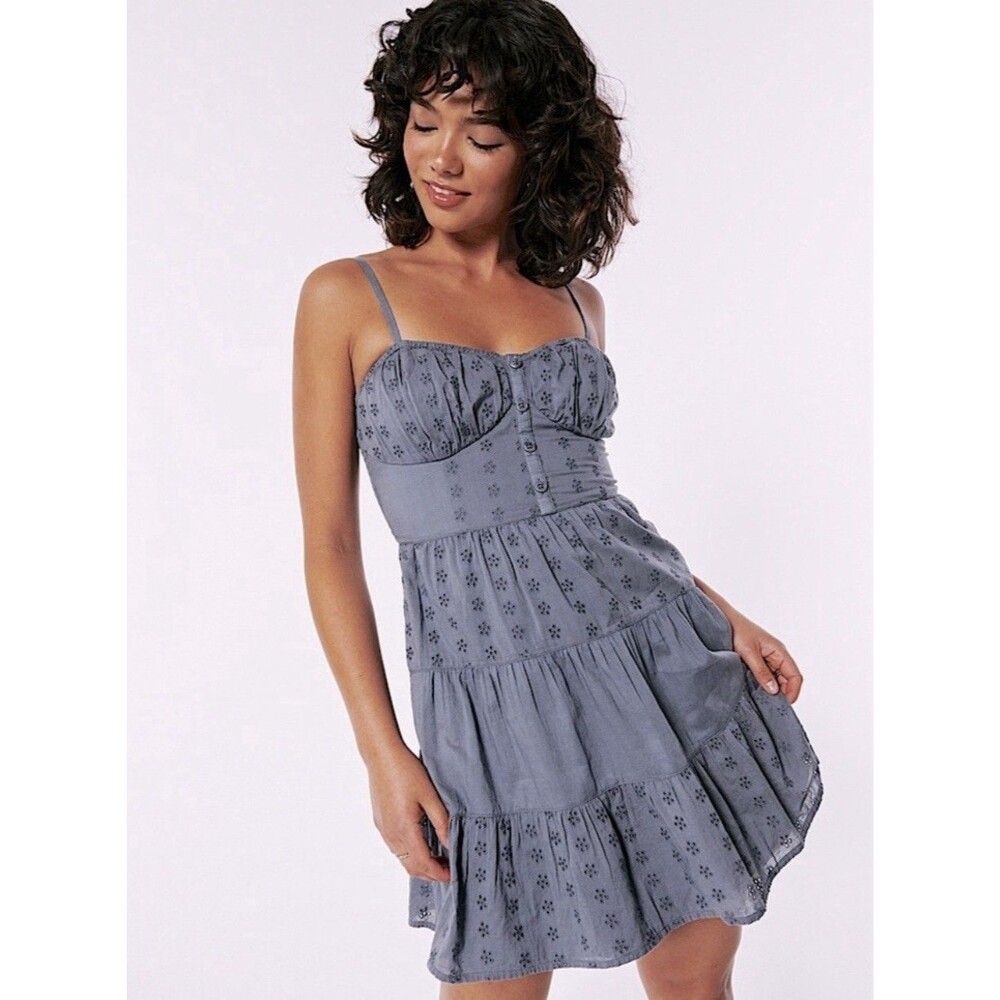 Hollister Womens Slate Eyelet Mini Dress S Regular Sleeveless Smock Back Summer